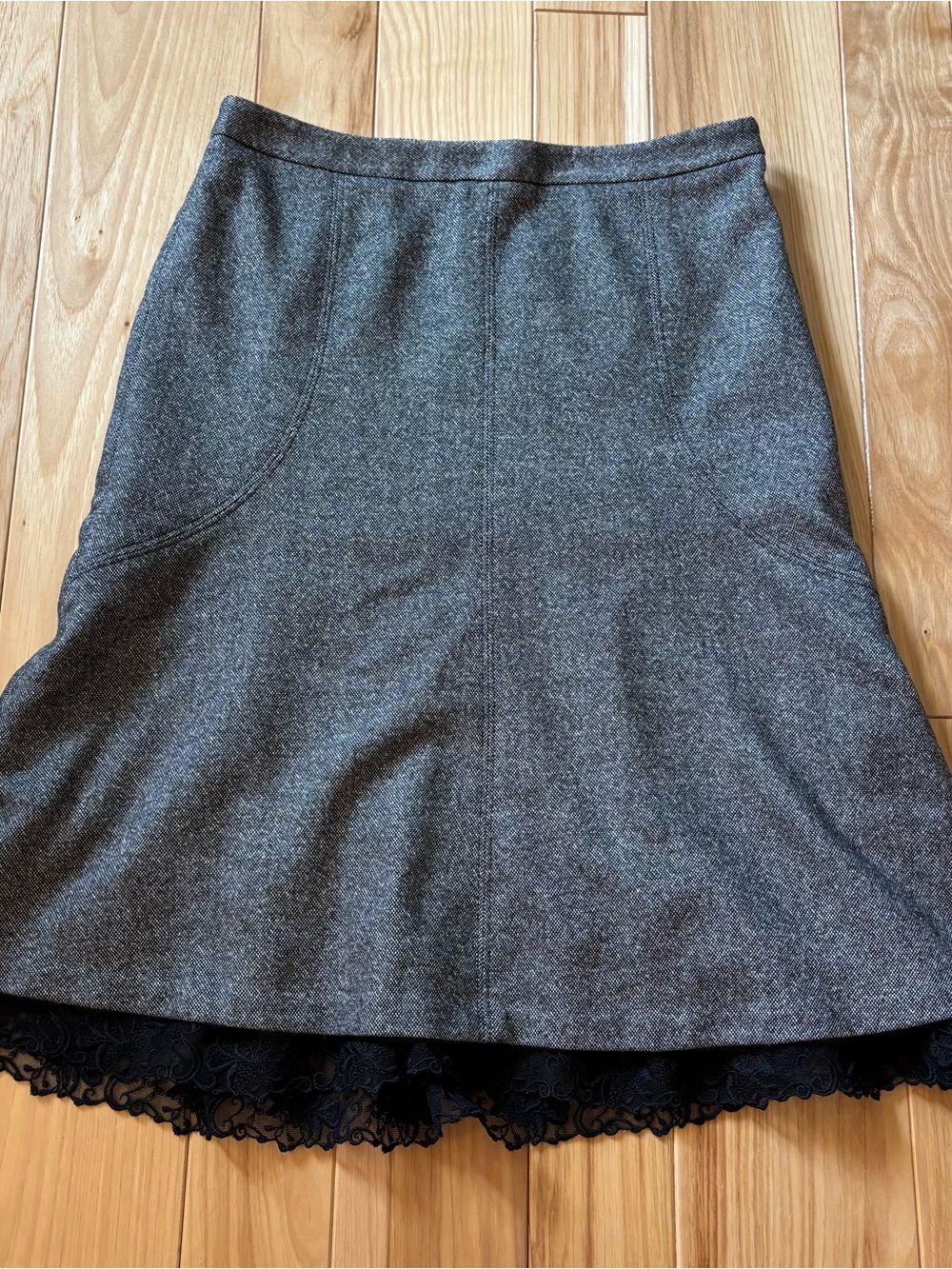 NEW Ann Taylor Gray Virgin Wool Blend Flare Black Lace Hem Accent Skirt